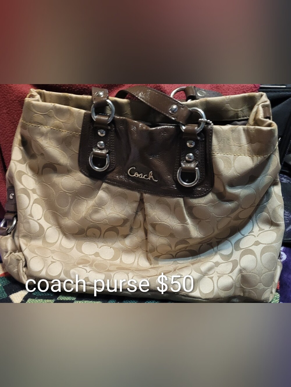 Coach Beige & Brown Signature Shoulder Bag
